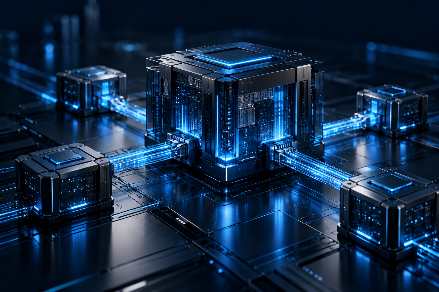Illustrative interconnected digital processing modules illuminated by blue circuit paths